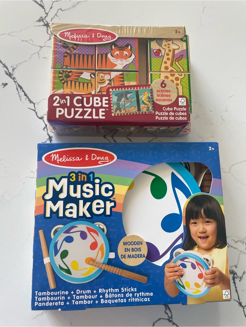 Melissa & Doug 3-in-1 Music Maker Tambourine and 2-in-1 Cube Puzzle